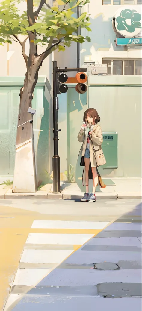 8K，High quality！！Detail enhancement！！Highest image quality！！！There was a girl standing on the sidewalk waiting for a green light, in a city street, Praise Artstyle, lofi-girl, standing on street corner, lofi, standing on a city street, lo-fi illustration s...