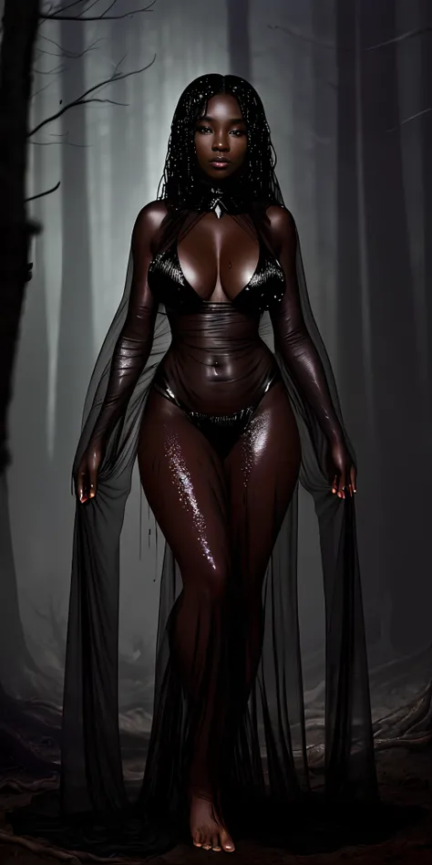 (A beautiful black woman with her breasts covered in a viscous black liquid that runs down her body), some thin and translucent tulle fabrics in black color are flying around the woman, she has long black hair that is tied and wet, her body and face is wet...