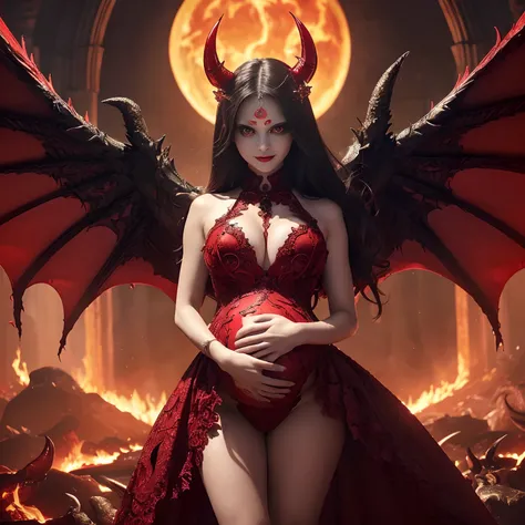 ((A very terrifying demon queen,Lots of devil horns on the shoulders,The perfect figure as a demon,The final form of the unimaginable demon,The Devil in Perfection,The unimaginably huge and gorgeous devil dress)),((Parts of the body are made of lava,The bi...