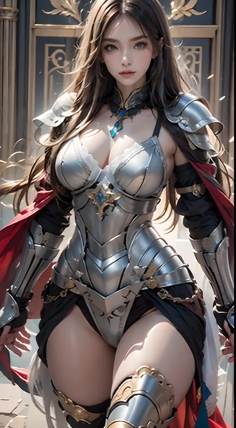 Photorealistic, high resolution, Soft lights, 1womanl, Solo, Hips up, Blue eyes, Full armor, Red armor, Cloak