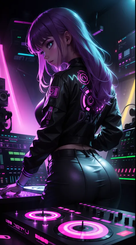 Detailed DJ Girl DJ Controller with Neon Lights, Super Vibrant Musical Lights.