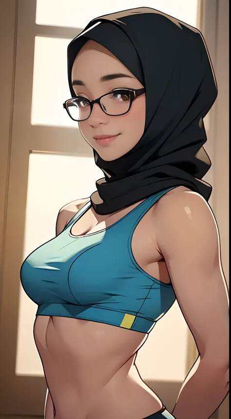 (iu:0.8),((small breast)),  chubby, RAW, Best quality, high resolution, Masterpiece: 1.3, Beautiful glasses javanese woman in translucent hijab, Masterpiece, Perfect slim body, Beautiful big eyes, Soft smile, Wearing colorful sports bra