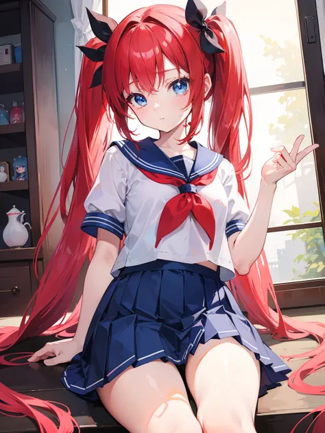 {{best quality}}, {{masterpiece}}, {{ultra-detailed}}, {illustration}, {detailed light}, red hair, blue eyes, twintails, Sailor suit,Pleated skirt,cute face,loli,little girl,