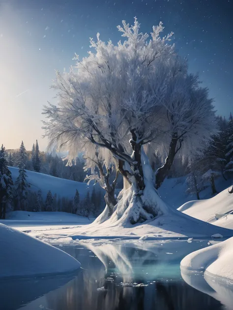 A high resolution，ultra - detailed，offcial art，统一 8k 壁纸，ultra - detailed，Beauty and aesthetics，Master masterpieces，best qualtiy，,Solo, reality, In winter, 1girll, Ice crystals on trees, Ice and snow，（Zen entanglement，Ice and snow，Tangled，entangled），（s frac...