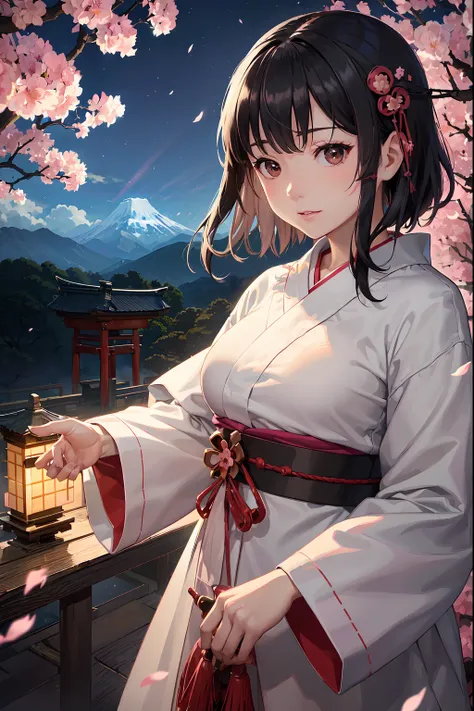 (Best Quality, masutepiece),(1girl in, shrine maiden, coat, Facial expression face, Black eyes, view front ,Black hair, Walking, Upper body), (Labyrinth at night, Huge old tree behind, Falling sparkling pink petals on the background, Shrine behind, mountai...