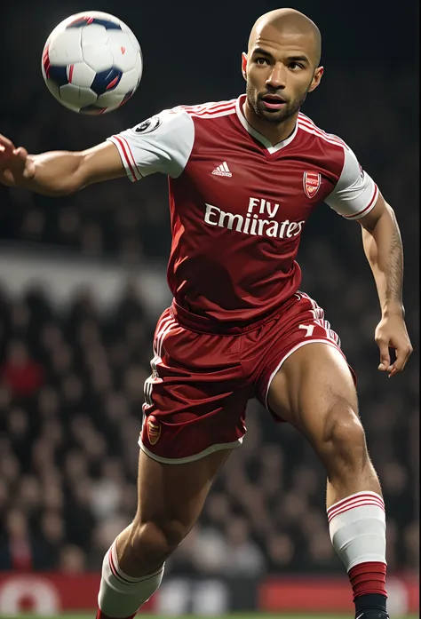 (masterpiece, best quality, high resolution), (illustration:1.0),(perfect hands,perfect anatomy), perfect lighting, arsenal soccer uniform, thierry henry chasing the ball, emotive expression, dynamic pose, ample headroom, third rules of photography