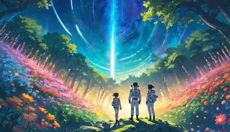 Astronauts stand on an otherworldly planet，Surrounded by vibrant flowers and a kaleidoscope of enchanting forests. The starry sky overhead is illuminated by strange and colorful lights, creating an ethereal atmosphere