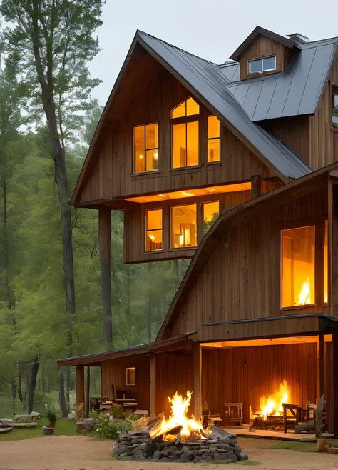 Cozy farm house in nature with a crackling fire with smoke