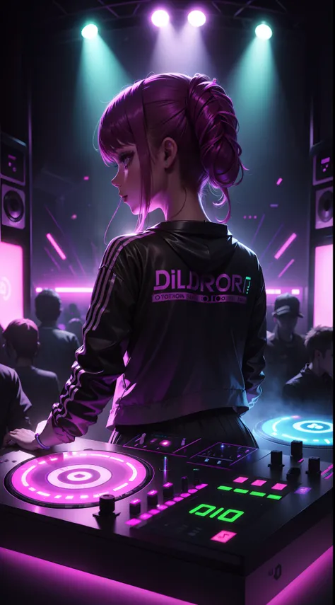 Detailed DJ Girl DJ Controller with Neon Lights, Super Vibrant Musical Lights.