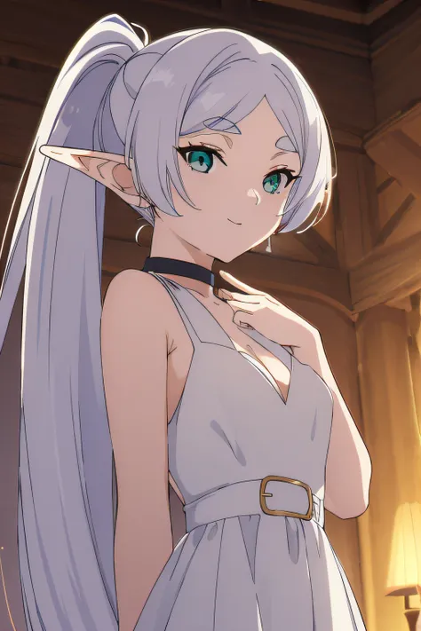 èèè®,1girl in,solo,elf,white hair,grey hair,early leaveless dresses,white dress,sleeveless dress,bare shoulders,鎖骨,nffsw,pointy ...