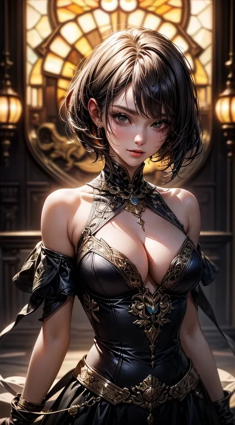 (((8k wallpaper of extremely detailed CG unit, ​masterpiece, 超A high resolution:1.2, top-quality:1.2, masutepiece, textures and maximum detail))), ((extremely beautiful lady, seductively smiling, Black bob cut hair, sexy dress)), ((The best lighting, extre...