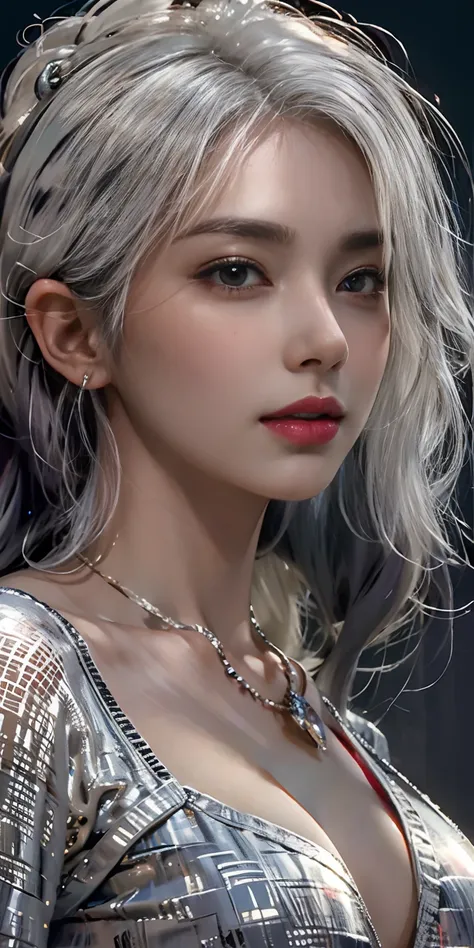 Photorealistic, high resolution, Soft light,1womanl, Solo, hips up high, glistning skin, (Detailed face),Tattooed with, jewelry, chainmail, Night, White hair, Wavy hair, Beautiful soldiers, Catch the audiences eye, Lovers perspective, Invitation expression...