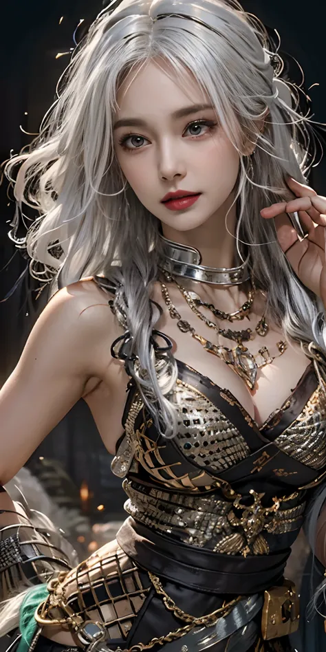 Photorealistic, high resolution, Soft light,1womanl, Solo, hips up high, glistning skin, (Detailed face),Tattooed with, jewelry, chainmail, Night, White hair, Wavy hair, Beautiful soldiers, Catch the audiences eye, Lovers perspective, Invitation expression...