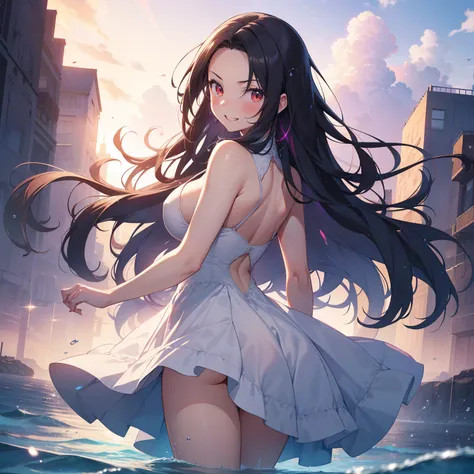 (masutepiece,Best Quality,8K),(extremely detailed CG1.1),Girl standing on the surface of the water emitting a beautiful light,Smile,large boob,(From below:1.2),Intricate details , Hyper realistic, Perfect Anatomy,A dark-haired,Red Eyes,(((Forehead))),Perme...