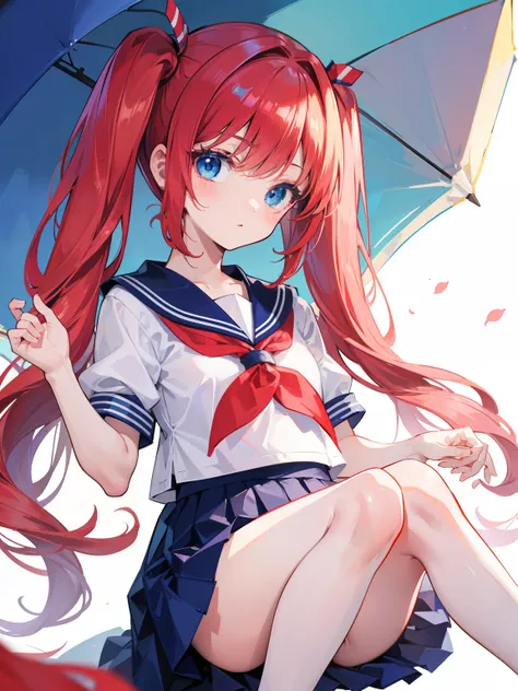 {{best quality}}, {{masterpiece}}, {{ultra-detailed}}, {illustration}, {detailed light}, red hair, blue eyes, twintails, Sailor suit,Pleated skirt,cute face,loli,little girl,