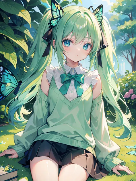 {{best quality}}, {{masterpiece}}, {{ultra-detailed}}, {illustration}, {detailed light}, Light green hair, blue eyes, girl, little girl, butterfly, sweater, long sleeve, green sweater,Twintails,loli,cute,Kawaii