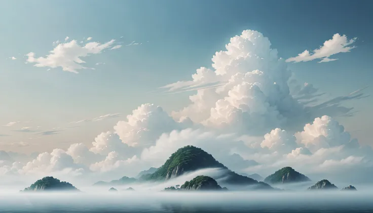 Chinese background，You can see the fan faintly，Hazy beauty，Quintessence elements，minimal style，large scene，A calm sea of clouds scene，Contains opera elements，A small number of auspicious cloud patterns，high high quality，optimum，White tones are predominant，...