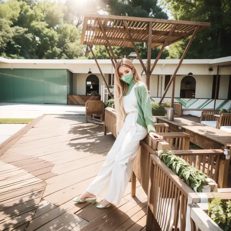 woman standing on a wooden deck with a green sweater and white pants, 🤬 🤮 💕 🎀, wearing off - white style, full body photogenic s...