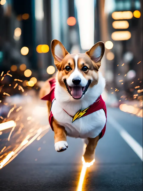 a corgi superdog The Flash suit . running with a speed force panning shot . In big cities , tunder