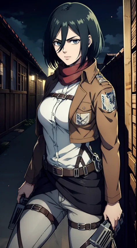 aot style, shingeki no kyojin, mikasa ackerman, 1girl, hand strap, quiff, black  hair, black pants, 가슴, cowboy shot, coals, gree...