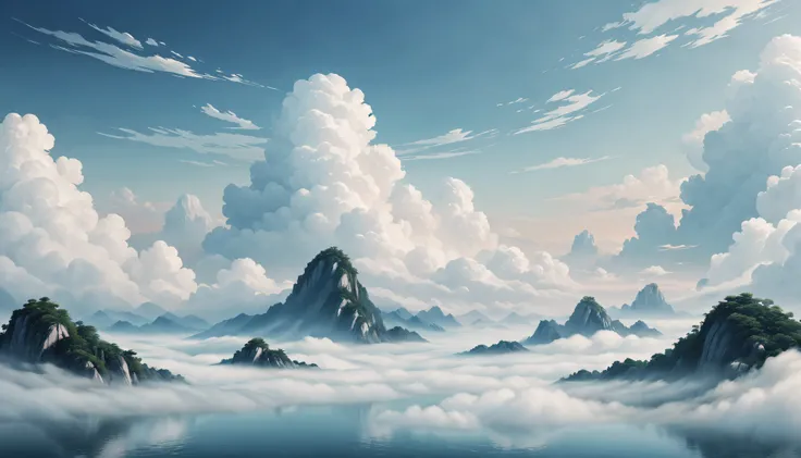 Chinese background，minimal style，large scene，A calm sea of clouds scene，Contains opera elements，A small number of auspicious cloud patterns，high high quality，optimum，White tones are predominant，Flat viewing angle，ultra-clear，Delicate