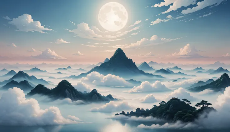 Chinese background，minimal style，large scene，A calm sea of clouds scene，Contains opera elements，A small number of auspicious cloud patterns，high high quality，optimum，White tones are predominant，Flat viewing angle，ultra-clear，Delicate