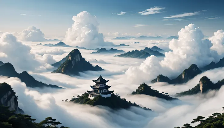 China-style，minimal style，large scene，A calm sea of clouds scene，Contains opera elements，A small number of auspicious cloud patterns，high high quality，optimum，White tones are predominant，Flat viewing angle，ultra-clear，Delicate