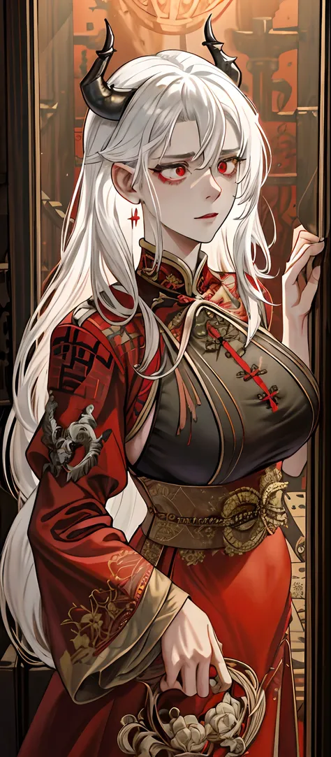 1female, White hair, Red eyes, (woman，Royal Sister_Shot:1.2), breasts focus, Long hair, side locks,Expressions of danger，Extreme panic，Chest close-up front，After being violated ，Scared,(terrified:1.1) expression, Place one hand behind your back, Atmospheri...