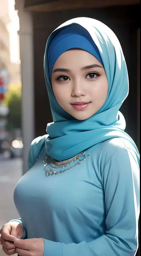 (night scene, close up photo of a sexy naked malay girl with hijab, posing, look at a camera and smile, blue pastel hijab, (green eyes:0.8), big tit, cute young face, 18 yo, soft volumetric lights, (backlit:1.3), (cinematic:1.3), intricate details, (ArtSta...