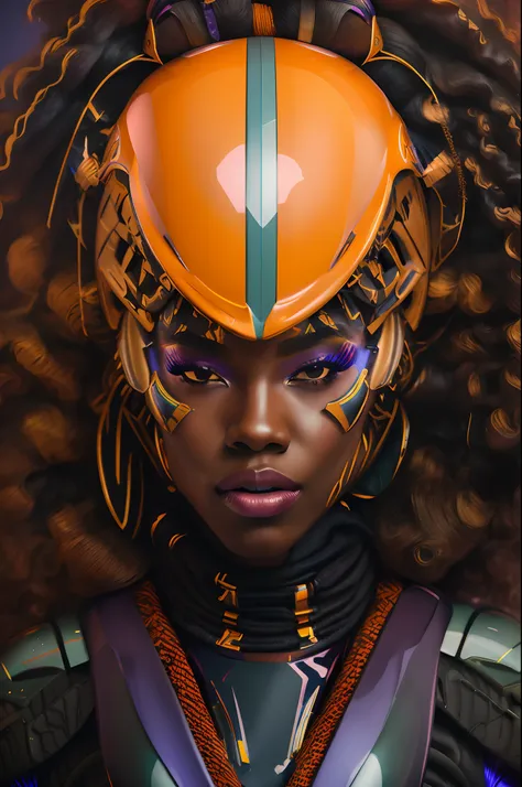 there is a woman with a helmet on and a helmet on, afrofuturism, afrofuturism style, african female android, afrofuturistic, rossdraws | afrofuturism, afro futurism, afrofuturism anime, portrait of a cyborg queen, futuristic woman portrait, portrait beauti...