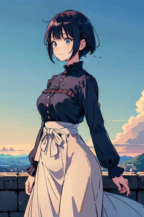 masutepiece, Best quality,illustration, the wallpaper, Ultra detail, absurderes, 1girl in, Solo, (Medium short hair、short braided hair), Beautiful detailed eyes , luminous sky、Hair that flutters in the wind,Curvaceous、(in a panoramic view:1.3),(a sense of ...