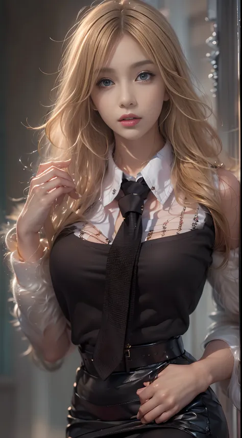 Photorealistic, high resolution, 1 Women, Solo, Waist up, Beautiful eyes, Close lips, Detailed face, Glowing blonde hair, Long hair, Collared shirt, black necktie,Black skirt, pencil skirts, Fur coat, Stockings