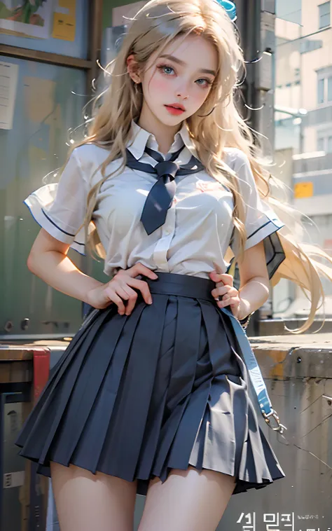 ((Best Quality, Best Resolution, Absurd, 8K, Masterpiece)), 1girl, woman, Helen Slater (superactress), young woman, 19 years old, long blonde hair, expressive blue eyes, Korean girls school uniform (white shirt and pleated miniskirt), supergirl cosplay in ...