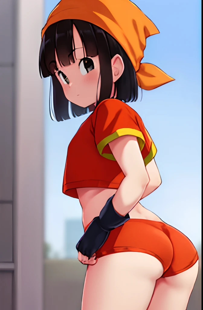 pandballgt,1girl, black eyes, black hair, short hair, orange bandana, (white panties:1.6), fingerless gloves, red shirt, crop to...