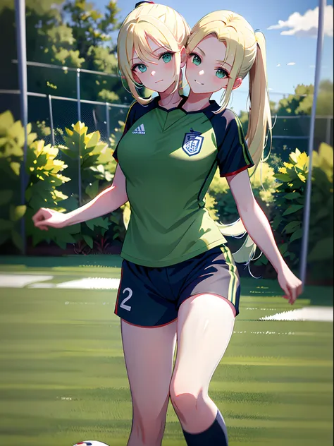 (masterpiece, best quality), best resolution, (2heads:1.5), 1girl, blond hair, ponytail, green eyes, focused, soccer uniform, pl...