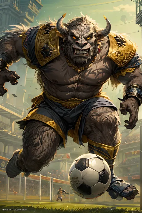 RPG art, fantasy art, a big orc playing soccer, a big orc grey skin, large tusks, furry skin, black eyes, there is a golden nose ring in his nose, wearing Barcelona Football club uniforms, he has the ball and runs towards the goal,