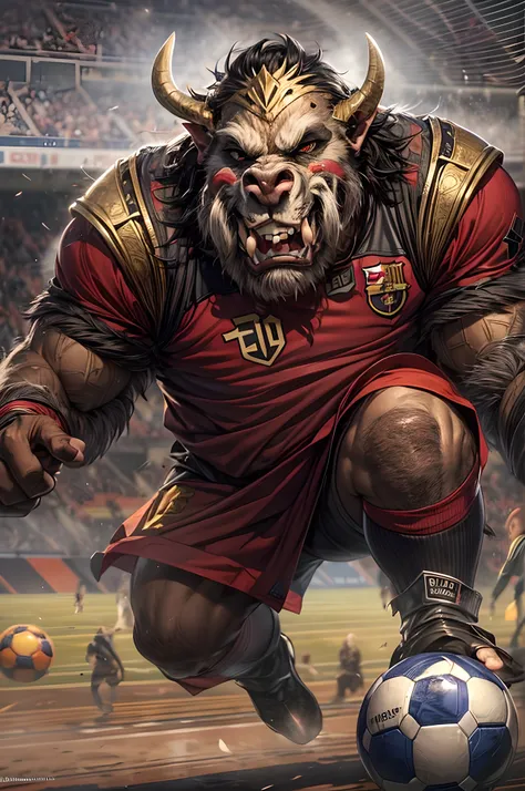 RPG art, fantasy art, a big orc playing soccer, a big orc grey skin, large tusks, furry skin, black eyes, there is a golden nose ring in his nose, wearing Barcelona Football club uniforms, he has the ball and runs towards the goal,