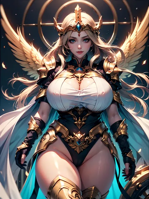 1girl, cowboy shot of a beautiful Goddess of light in the most intricate empress armored-priestess-robe, shiny skin, (large golden eyes : 1.6), cute, solemn smile, (golden blonde hair, long wavy hairstyle, divine golden halo : 1.5), (2 pairs of large golde...