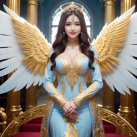 ((Very beautiful angel queen,The final form as a perfect angel, the masterpiece of an angel,Huge and intricate angel wings,The most dignified wings,Golden light,shining background,The most opulent and holy temple background,White and gold temple background...