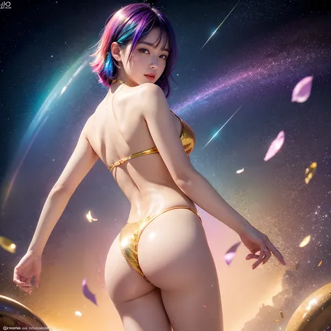 finest image, (8k, RAW photo, realistic), detailed and delicate depiction and flashy and dynamic painting method, beautiful woman, amorous expression, lewd expression, treasure beautiful butt, great proportion, micro bikini made of (sequins, polychromatic ...