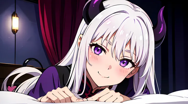 1 girl, twerking on a bed with a purple curtain behind her, (beautiful eyes finely detailed, white hair, long hair, demon horns), happy facial expression, smiling, blush on her face, bedroom, night time, sidelighting, an anime drawing inspired by ufotable ...