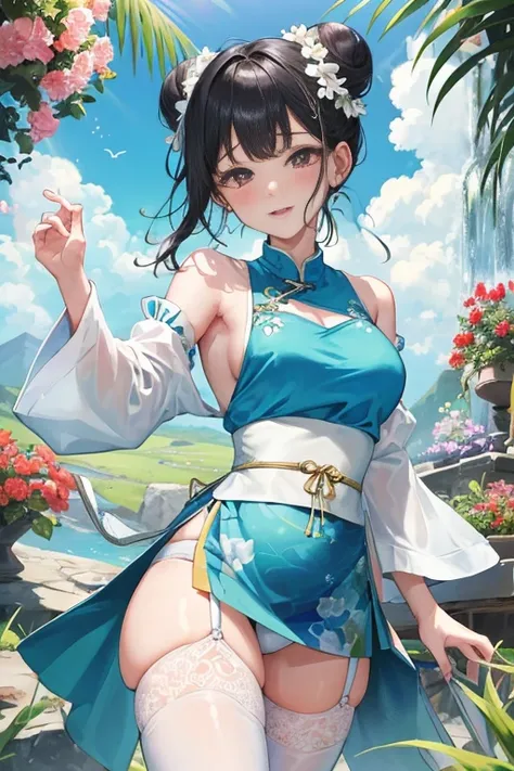 tmasterpiece、Need、1female、Blue clothes、Blue cheongsam，Ancient style China、 White cloth bun bun bun、Black hair、Leaky shoulders、The chest is large、Fat Chubby、ssmile、White suspender tights、Tights lace trim、White panties、Pale pink lips、Mountain spring water，ho...