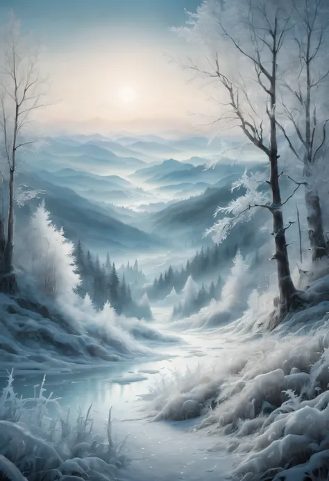 In this artwork, a dense forest is covered with thick hoarfrost, and the branches are adorned with crystal-clear ice crystals. The intricate details bring every single ice crystal into clear view. The distant hills are faintly visible, resembling a faint i...