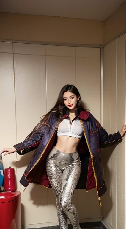 very beautiful cute girl,fully body photo，(Tall red heels:1.5)，dynamicposes，dynamic angle,(Huge loose fall coat jacket coat:2)，Expose sexy shoulders，(A shirt with a huge collar underneath:1.2)，The lower body is a one-piece leggings，Snakeskin print, ,(Long ...