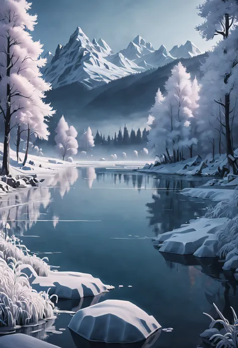 a serene lake covered with a thin hoarfrost, delicate and intricate texture of the ice and frost are depicted in the painting, the lifelike lighting effects fill the entire scene with a sense of vitality, the creative composition and perspective add depth ...