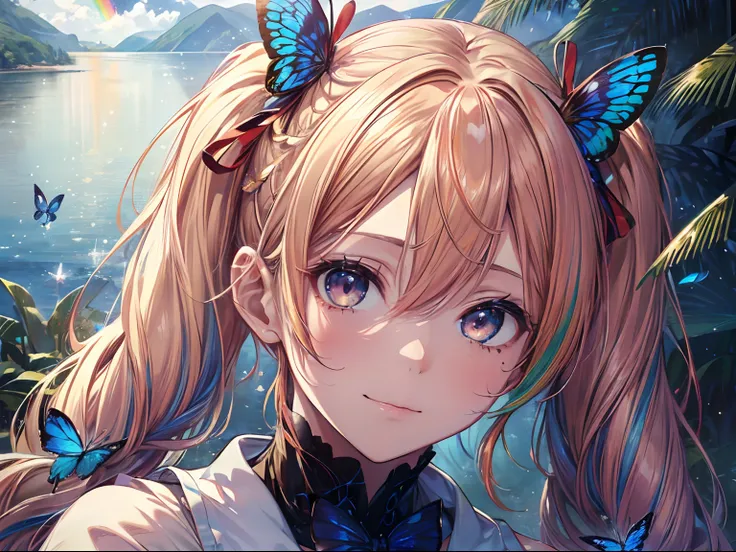 (masutepiece:1.3), (8K, Photorealistic, Raw photo, Best Quality: 1.4), Beautiful face, (Realistic face), Beautiful detailed eyes, (Realistic skin), Attractive, Intricate details,Golden ratio, 1 girl,Naughty smile, (rainbow hair:1.4),((Long twintails,Ribbon...