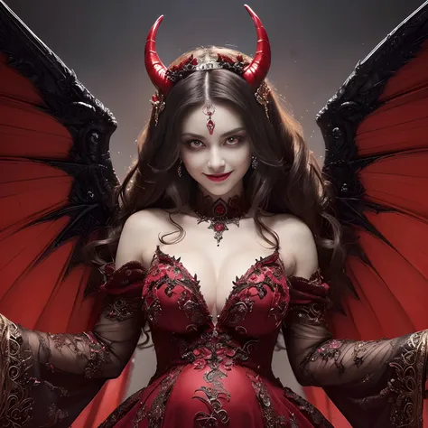 ((Very beautiful demon queen,pregnant,Slightly bulging belly,Dresses that cover the belly,Big Princess Dresses,Final form as a complete demon,The Devils Masterpiece,Huge and intricate demon wings,The most dignified wings,Beautiful Demon King,The most digni...