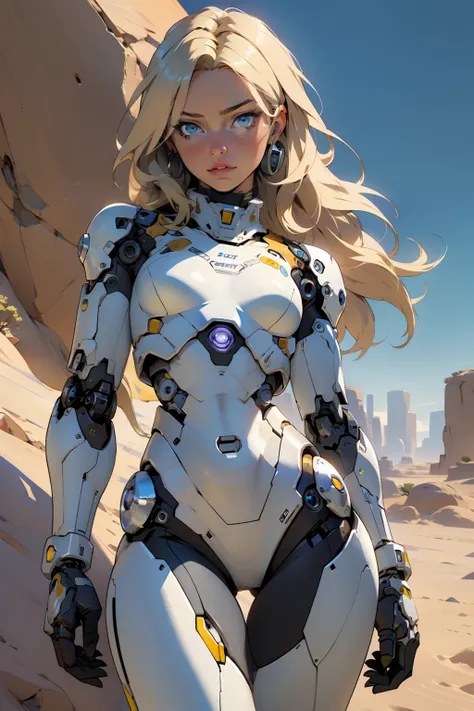 high quality, 4k, masterpiece, beautiful, cyborg girl, cowboy shot, dull eyes, looking at viewer, long blonde hair, girl, small ...