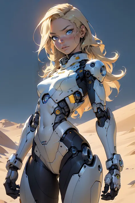 high quality, 4k, masterpiece, beautiful, cyborg girl, cowboy shot, dull eyes, looking at viewer, long blonde hair, girl, small ...