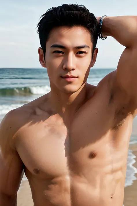 1man，A handsome 20-year-old man.，toned physique，Sharply defined，Exercise well，Protruding muscles，Full muscles，Healthy skin，Confident posture，On the Beach，Full Body Esbian，Gentlesoftlighting lighting，master-piece，Best qualtiy，8K UHD，Digital DSLR Camera，grai...